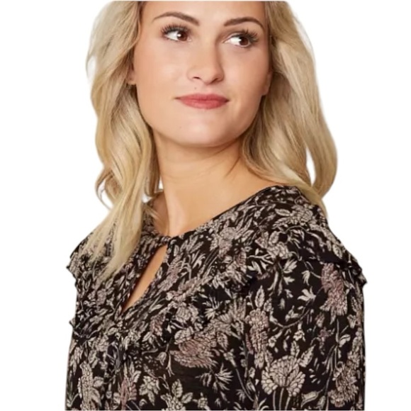 Lucky Brand Floral Boho Raw Edge Ruffle Tunic. Black Tan Multi. Size S #1302 - Picture 2 of 7